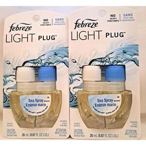 2 PACK Febreze LIGHT Fade Defy PLUG Air Freshener, Oil Refill, Sea Spray, 0.87oz